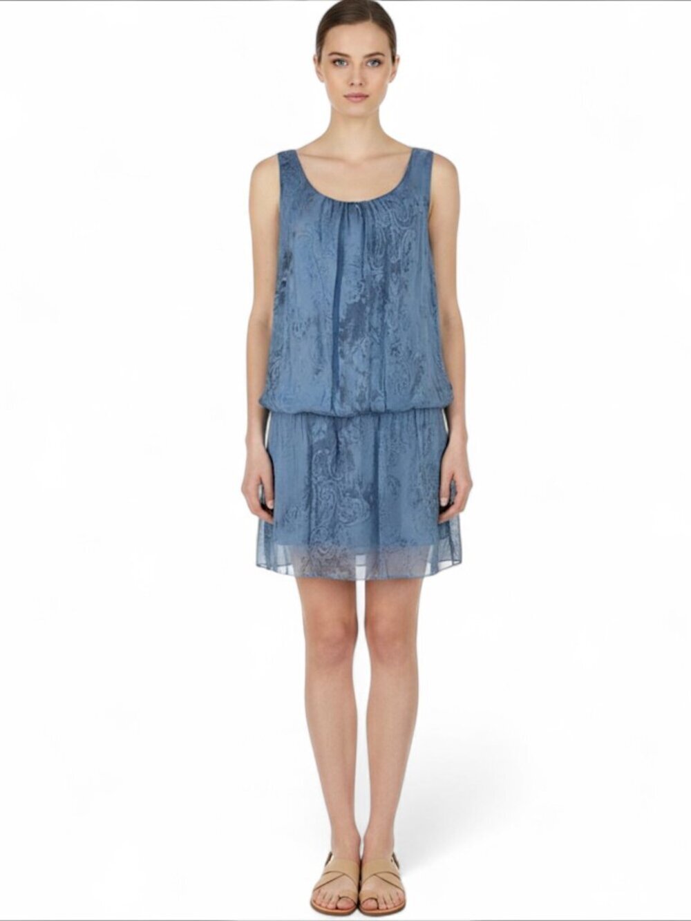 Made In Italy Blue Fleur Silk Blend Blouson Elastic Waist Dress Flowy Mini S M ?